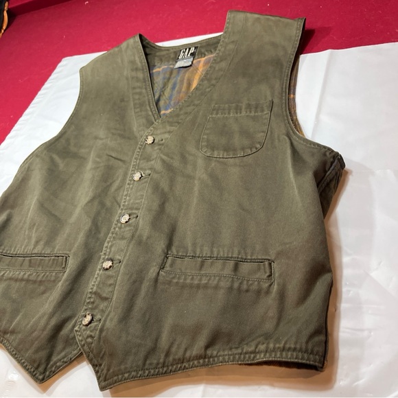 Gap Plaid Flannel 90s Lined ARMY GREEN Canvas VEST Men XL cotton Waistcoat Lined - Picture 15 of 16